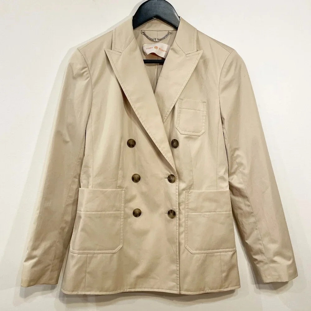 New Tory Burch Cotton Poplin Double Breasted Blazer Khaki 4, S $498